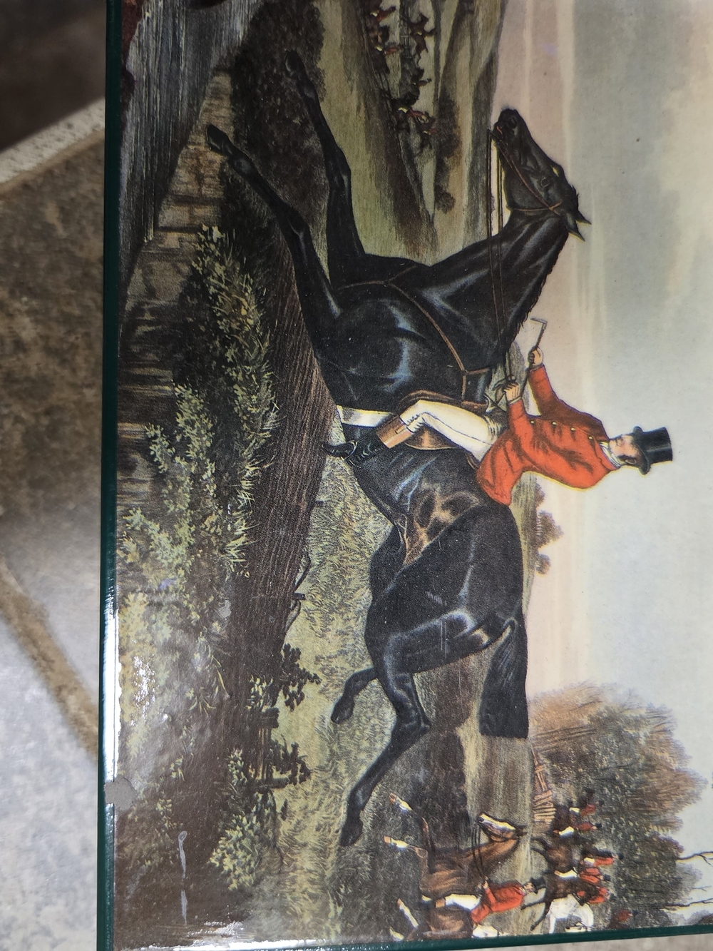 Equestrian Print Trinket Box Featuring Rider in Red Jacket and Black Horse